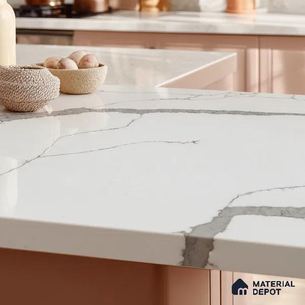Belina Quartz QR 00290 Calacatta Firenze Helsinki Series 10.5 ft x 5.35 ft Quartz - 20 mm | 10 Years and Replacement Warranty | Suitable for Kitchen, Restaurant, Counter Tops, Dining, Reception, office