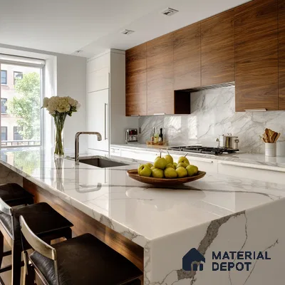 Belina Quartz QR 00290 Calacatta Firenze Helsinki Series 10.5 ft x 5.35 ft Quartz - 20 mm | 10 Years and Replacement Warranty | Suitable for Kitchen, Restaurant, Counter Tops, Dining, Reception, office