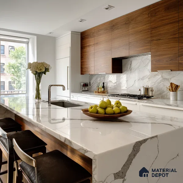 Belina Quartz QR 00290 Calacatta Firenze Helsinki Series 10.5 ft x 5.35 ft Quartz - 20 mm | 10 Years and Replacement Warranty | Suitable for Kitchen, Restaurant, Counter Tops, Dining, Reception, office