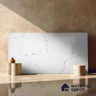 Belina Quartz QR 00323 Carrara Lucento Helsinki Series 10.5 ft x 5.35 ft Quartz - 20 mm | 10 Years and Replacement Warranty | Suitable for Kitchen, Restaurant, Counter Tops, Dining, Reception, office