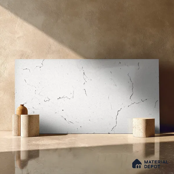 Belina Quartz QR 00323 Carrara Lucento Helsinki Series 10.5 ft x 5.35 ft Quartz - 20 mm | 10 Years and Replacement Warranty | Suitable for Kitchen, Restaurant, Counter Tops, Dining, Reception, office