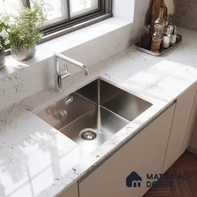 Belina Quartz QR 00323 Carrara Lucento Helsinki Series 10.5 ft x 5.35 ft Quartz - 20 mm | 10 Years and Replacement Warranty | Suitable for Kitchen, Restaurant, Counter Tops, Dining, Reception, office
