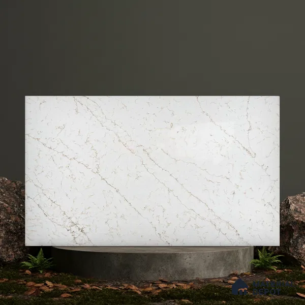 Belina Quartz QR 00276 Calacatta Siena Oro Helsinki Series 10.5 ft x 5.35 ft Quartz - 20 mm | 10 Years and Replacement Warranty | Suitable for Kitchen, Restaurant, Counter Tops, Dining, Reception, office (Sample)