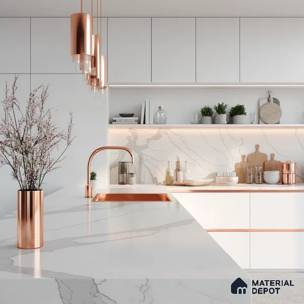 Belina Quartz QR 00295 Calacatta Rustic Umber Helsinki Series 10.5 ft x 5.35 ft Quartz - 20 mm | 10 Years and Replacement Warranty | Suitable for Kitchen, Restaurant, Counter Tops, Dining, Reception, office