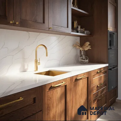 Belina Quartz QR 00295 Calacatta Rustic Umber Helsinki Series 10.5 ft x 5.35 ft Quartz - 20 mm | 10 Years and Replacement Warranty | Suitable for Kitchen, Restaurant, Counter Tops, Dining, Reception, office