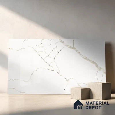 Belina Quartz QR 00294 Calacatta White Crystal Helsinki Series 10.5 ft x 5.35 ft Quartz - 20 mm | 10 Years and Replacement Warranty | Suitable for Kitchen, Restaurant, Counter Tops, Dining, Reception, office