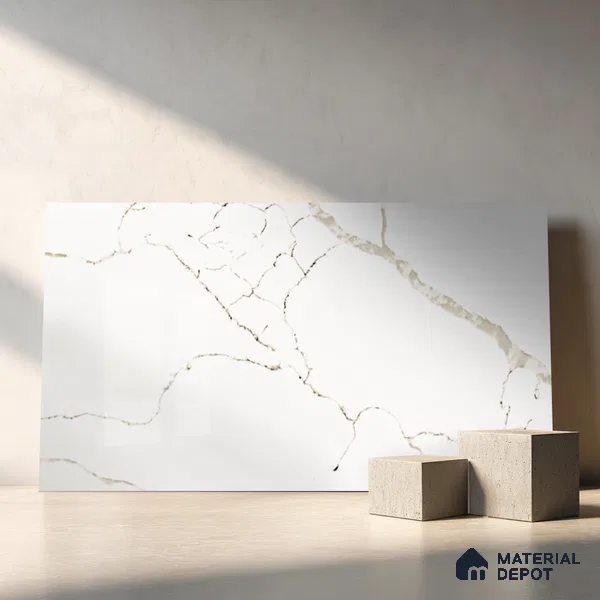 Belina Quartz QR 00294 Calacatta White Crystal Helsinki Series 10.5 ft x 5.35 ft Quartz - 20 mm | 10 Years and Replacement Warranty | Suitable for Kitchen, Restaurant, Counter Tops, Dining, Reception, office