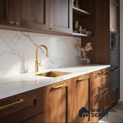 Belina Quartz QR 00294 Calacatta White Crystal Helsinki Series 10.5 ft x 5.35 ft Quartz - 20 mm | 10 Years and Replacement Warranty | Suitable for Kitchen, Restaurant, Counter Tops, Dining, Reception, office