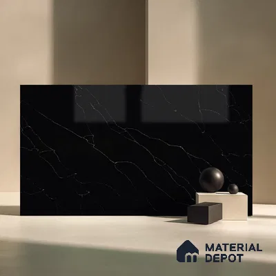 Belina Quartz QR 00292 Calacatta Black Modena Helsinki Series 10.5 ft x 5.35 ft Quartz - 20 mm | 10 Years and Replacement Warranty | Suitable for Kitchen, Restaurant, Counter Tops, Dining, Reception, office