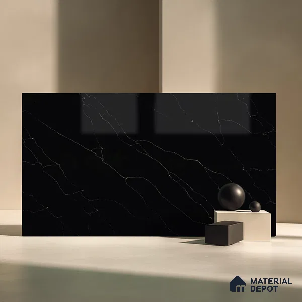Belina Quartz QR 00292 Calacatta Black Modena Helsinki Series 10.5 ft x 5.35 ft Quartz - 20 mm | 10 Years and Replacement Warranty | Suitable for Kitchen, Restaurant, Counter Tops, Dining, Reception, office