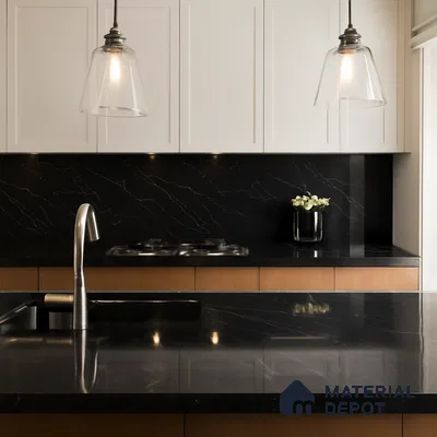 Belina Quartz QR 00292 Calacatta Black Modena Helsinki Series 10.5 ft x 5.35 ft Quartz - 20 mm | 10 Years and Replacement Warranty | Suitable for Kitchen, Restaurant, Counter Tops, Dining, Reception, office