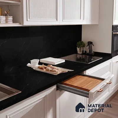 Belina Quartz QR 00292 Calacatta Black Modena Helsinki Series 10.5 ft x 5.35 ft Quartz - 20 mm | 10 Years and Replacement Warranty | Suitable for Kitchen, Restaurant, Counter Tops, Dining, Reception, office