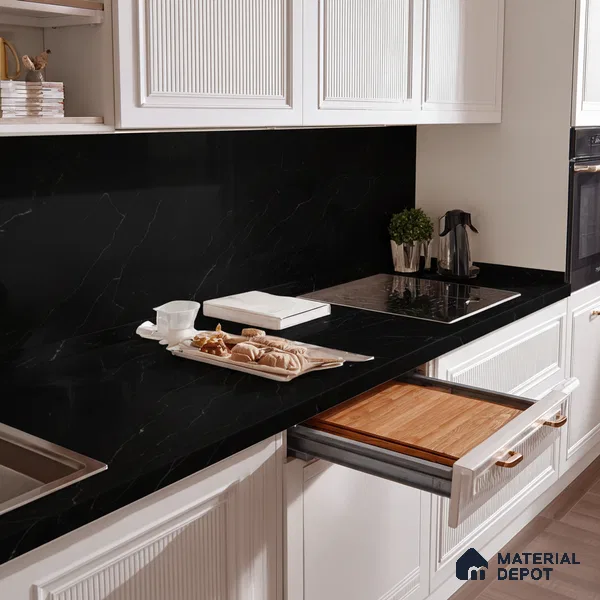 Belina Quartz QR 00292 Calacatta Black Modena Helsinki Series 10.5 ft x 5.35 ft Quartz - 20 mm | 10 Years and Replacement Warranty | Suitable for Kitchen, Restaurant, Counter Tops, Dining, Reception, office