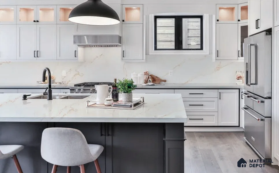 Belina Quartz QR 00287 Calacatta Solaro Gold Helsinki Series 10.5 ft x 5.35 ft Quartz - 20 mm | 10 Years and Replacement Warranty | Suitable for Kitchen, Restaurant, Counter Tops, Dining, Reception, office