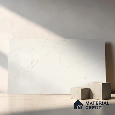 Belina Quartz QR 00287 Calacatta Solaro Gold Helsinki Series 10.5 ft x 5.35 ft Quartz - 20 mm | 10 Years and Replacement Warranty | Suitable for Kitchen, Restaurant, Counter Tops, Dining, Reception, office