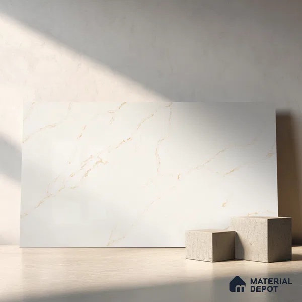 Belina Quartz QR 00287 Calacatta Solaro Gold Helsinki Series 10.5 ft x 5.35 ft Quartz - 20 mm | 10 Years and Replacement Warranty | Suitable for Kitchen, Restaurant, Counter Tops, Dining, Reception, office