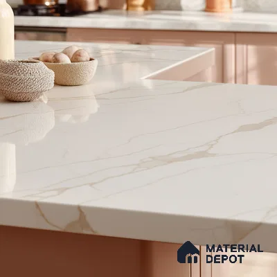 Belina Quartz QR 00287 Calacatta Solaro Gold Helsinki Series 10.5 ft x 5.35 ft Quartz - 20 mm | 10 Years and Replacement Warranty | Suitable for Kitchen, Restaurant, Counter Tops, Dining, Reception, office