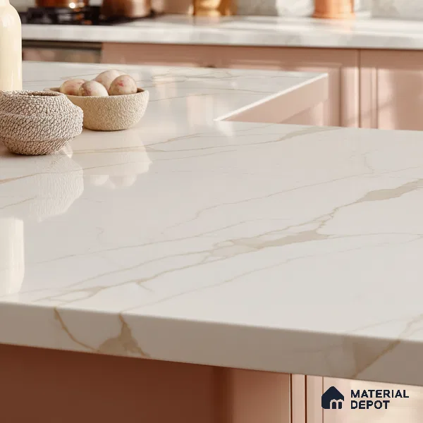 Belina Quartz QR 00287 Calacatta Solaro Gold Helsinki Series 10.5 ft x 5.35 ft Quartz - 20 mm | 10 Years and Replacement Warranty | Suitable for Kitchen, Restaurant, Counter Tops, Dining, Reception, office