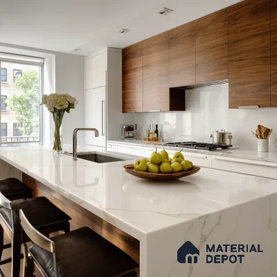 Belina Quartz QR 00287 Calacatta Solaro Gold Helsinki Series 10.5 ft x 5.35 ft Quartz - 20 mm | 10 Years and Replacement Warranty | Suitable for Kitchen, Restaurant, Counter Tops, Dining, Reception, office