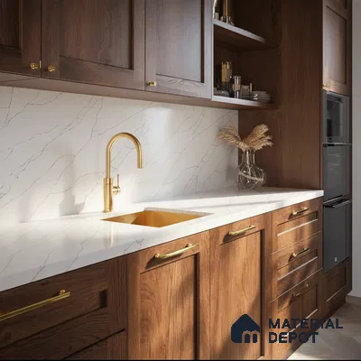 Belina Quartz QR 00297 Calacatta White Pearl Helsinki Series 10.5 ft x 5.35 ft Quartz - 20 mm | 10 Years and Replacement Warranty | Suitable for Kitchen, Restaurant, Counter Tops, Dining, Reception, office