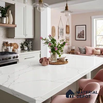 Belina Quartz QR 00297 Calacatta White Pearl Helsinki Series 10.5 ft x 5.35 ft Quartz - 20 mm | 10 Years and Replacement Warranty | Suitable for Kitchen, Restaurant, Counter Tops, Dining, Reception, office