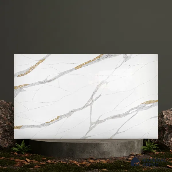 Belina Quartz QR 00283 Calacatta Luminara Helsinki Series 10.5 ft x 5.35 ft Quartz - 20 mm | 10 Years and Replacement Warranty | Suitable for Kitchen, Restaurant, Counter Tops, Dining, Reception, office