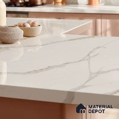 Belina Quartz QR 00283 Calacatta Luminara Helsinki Series 10.5 ft x 5.35 ft Quartz - 20 mm | 10 Years and Replacement Warranty | Suitable for Kitchen, Restaurant, Counter Tops, Dining, Reception, office