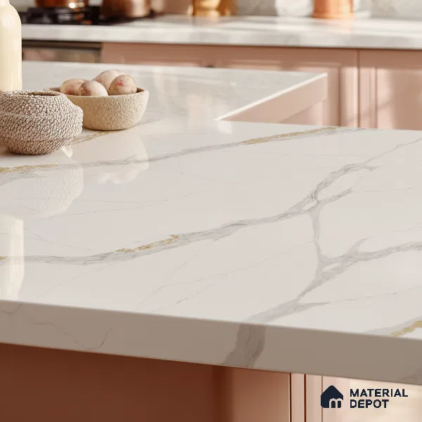 Belina Quartz QR 00283 Calacatta Luminara Helsinki Series 10.5 ft x 5.35 ft Quartz - 20 mm | 10 Years and Replacement Warranty | Suitable for Kitchen, Restaurant, Counter Tops, Dining, Reception, office