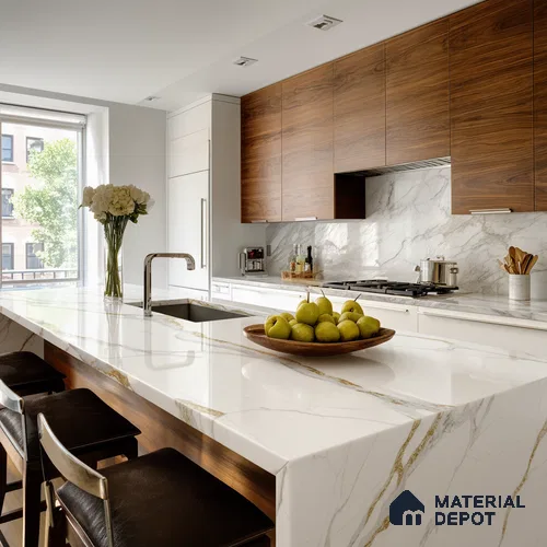 Belina Quartz QR 00283 Calacatta Luminara Helsinki Series 10.5 ft x 5.35 ft Quartz - 20 mm | 10 Years and Replacement Warranty | Suitable for Kitchen, Restaurant, Counter Tops, Dining, Reception, office
