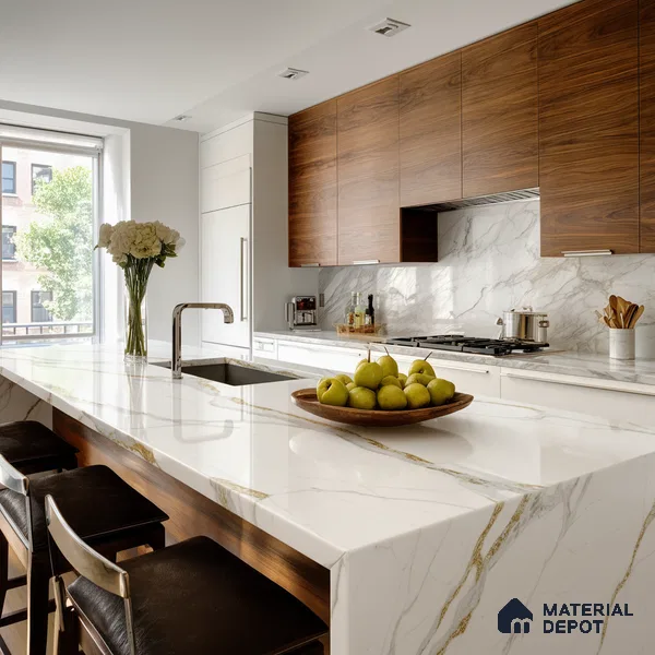 Belina Quartz QR 00283 Calacatta Luminara Helsinki Series 10.5 ft x 5.35 ft Quartz - 20 mm | 10 Years and Replacement Warranty | Suitable for Kitchen, Restaurant, Counter Tops, Dining, Reception, office