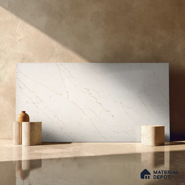 Belina Quartz QR 00289 Calacatta Rustic Brown Helsinki Series 10.5 ft x 5.35 ft Quartz - 20 mm | 10 Years and Replacement Warranty | Suitable for Kitchen, Restaurant, Counter Tops, Dining, Reception, office