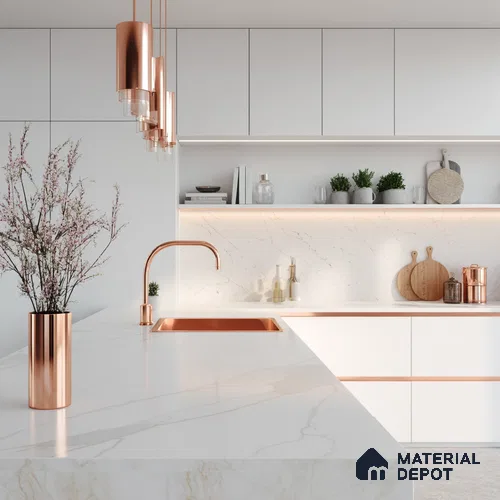 Belina Quartz QR 00289 Calacatta Rustic Brown Helsinki Series 10.5 ft x 5.35 ft Quartz - 20 mm | 10 Years and Replacement Warranty | Suitable for Kitchen, Restaurant, Counter Tops, Dining, Reception, office