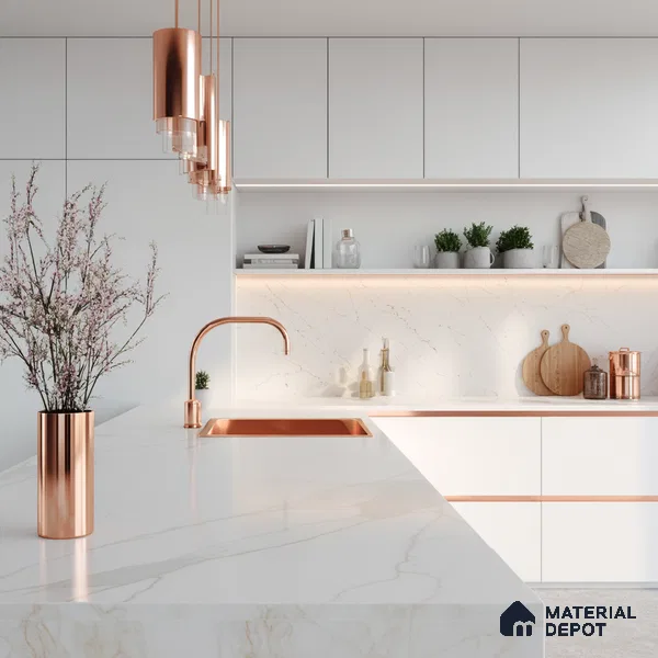 Belina Quartz QR 00289 Calacatta Rustic Brown Helsinki Series 10.5 ft x 5.35 ft Quartz - 20 mm | 10 Years and Replacement Warranty | Suitable for Kitchen, Restaurant, Counter Tops, Dining, Reception, office