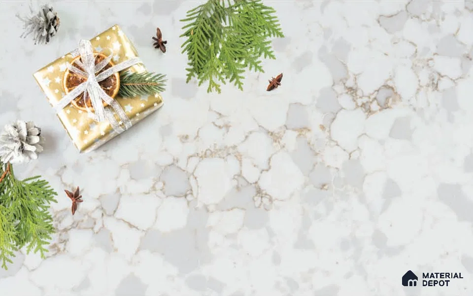 Belina Quartz QR 00281 Calacatta Aurelia Brown Helsinki Series 10.5 ft x 5.35 ft Quartz - 20 mm | 10 Years and Replacement Warranty | Suitable for Kitchen, Restaurant, Counter Tops, Dining, Reception, office