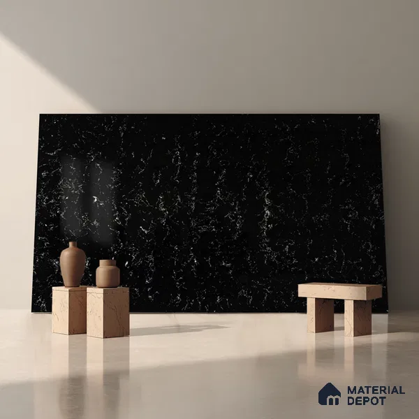 Belina Quartz QR 00326 Carrara Ocean Black Helsinki Series 10.5 ft x 5.35 ft Quartz - 20 mm | 10 Years and Replacement Warranty | Suitable for Kitchen, Restaurant, Counter Tops, Dining, Reception, office (Sample)