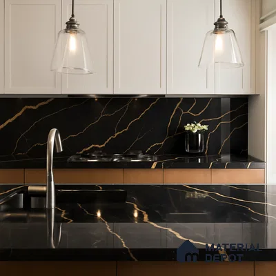 Belina Quartz QR 00291 Calacatta Golden Satwario Helsinki Series 10.5 ft x 5.35 ft Quartz - 20 mm | 10 Years and Replacement Warranty | Suitable for Kitchen, Restaurant, Counter Tops, Dining, Reception, office