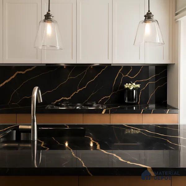 Belina Quartz QR 00291 Calacatta Golden Satwario Helsinki Series 10.5 ft x 5.35 ft Quartz - 20 mm | 10 Years and Replacement Warranty | Suitable for Kitchen, Restaurant, Counter Tops, Dining, Reception, office