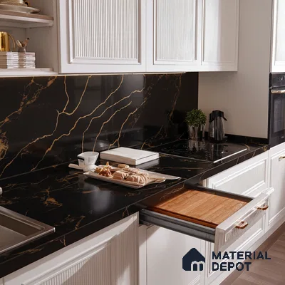 Belina Quartz QR 00291 Calacatta Golden Satwario Helsinki Series 10.5 ft x 5.35 ft Quartz - 20 mm | 10 Years and Replacement Warranty | Suitable for Kitchen, Restaurant, Counter Tops, Dining, Reception, office
