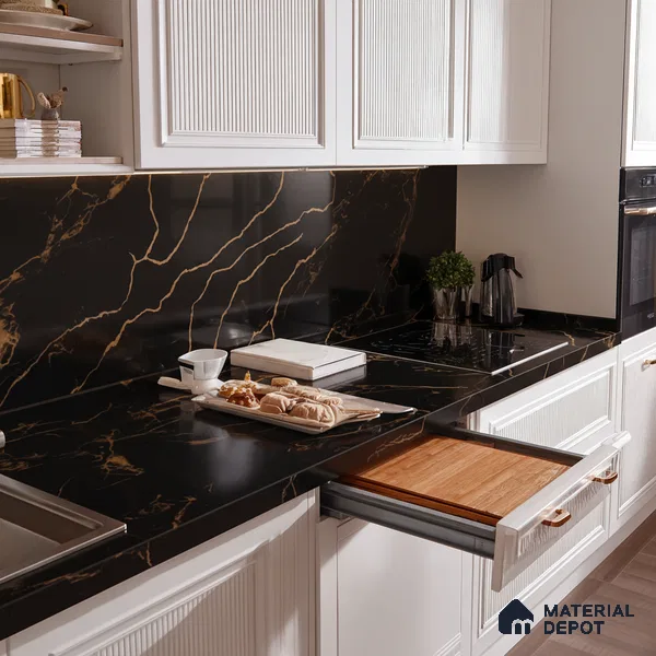 Belina Quartz QR 00291 Calacatta Golden Satwario Helsinki Series 10.5 ft x 5.35 ft Quartz - 20 mm | 10 Years and Replacement Warranty | Suitable for Kitchen, Restaurant, Counter Tops, Dining, Reception, office