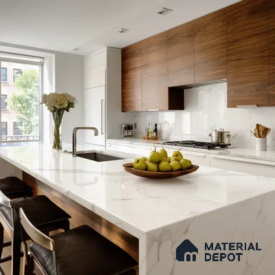 Belina Quartz QR 00285 Carrara Tioli White Helsinki Series 10.5 ft x 5.35 ft Quartz - 20 mm | 10 Years and Replacement Warranty | Suitable for Kitchen, Restaurant, Counter Tops, Dining, Reception, office