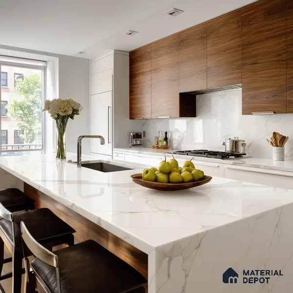 Belina Quartz QR 00285 Carrara Tioli White Helsinki Series 10.5 ft x 5.35 ft Quartz - 20 mm | 10 Years and Replacement Warranty | Suitable for Kitchen, Restaurant, Counter Tops, Dining, Reception, office