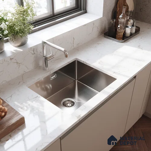 Belina Quartz QR 00285 Carrara Tioli White Helsinki Series 10.5 ft x 5.35 ft Quartz - 20 mm | 10 Years and Replacement Warranty | Suitable for Kitchen, Restaurant, Counter Tops, Dining, Reception, office