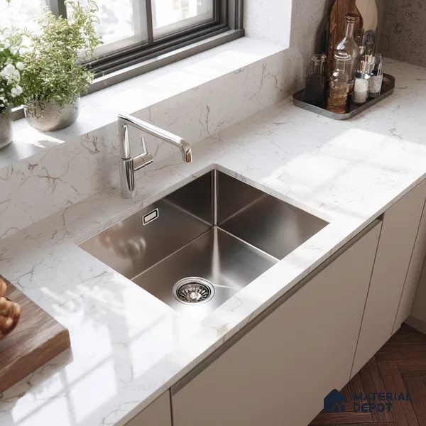 Belina Quartz QR 00285 Carrara Tioli White Helsinki Series 10.5 ft x 5.35 ft Quartz - 20 mm | 10 Years and Replacement Warranty | Suitable for Kitchen, Restaurant, Counter Tops, Dining, Reception, office