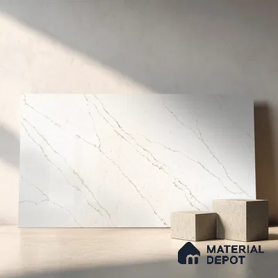 Belina Quartz QR 00277 Calacatta Lucento Helsinki Series 10.5 ft x 5.35 ft Quartz - 20 mm | 10 Years and Replacement Warranty | Suitable for Kitchen, Restaurant, Counter Tops, Dining, Reception, office