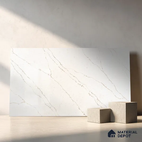 Belina Quartz QR 00277 Calacatta Lucento Helsinki Series 10.5 ft x 5.35 ft Quartz - 20 mm | 10 Years and Replacement Warranty | Suitable for Kitchen, Restaurant, Counter Tops, Dining, Reception, office