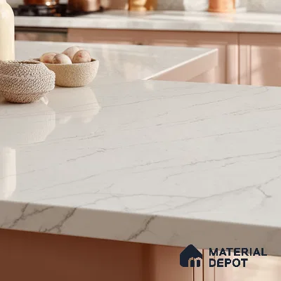 Belina Quartz QR 00277 Calacatta Lucento Helsinki Series 10.5 ft x 5.35 ft Quartz - 20 mm | 10 Years and Replacement Warranty | Suitable for Kitchen, Restaurant, Counter Tops, Dining, Reception, office