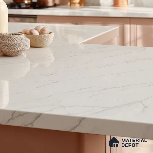Belina Quartz QR 00277 Calacatta Lucento Helsinki Series 10.5 ft x 5.35 ft Quartz - 20 mm | 10 Years and Replacement Warranty | Suitable for Kitchen, Restaurant, Counter Tops, Dining, Reception, office
