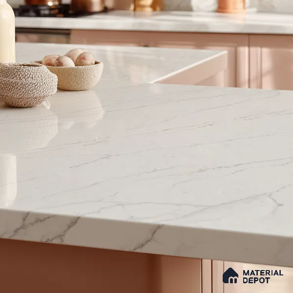 Belina Quartz QR 00277 Calacatta Lucento Helsinki Series 10.5 ft x 5.35 ft Quartz - 20 mm | 10 Years and Replacement Warranty | Suitable for Kitchen, Restaurant, Counter Tops, Dining, Reception, office