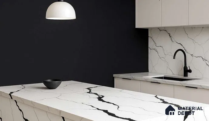 Belina Quartz QR 00348 B Noir Cascade Jumbo Helsinki Series 10.83 ft x 5.41 ft Quartz - 20 mm | 10 Years and Replacement Warranty | Suitable for Kitchen, Restaurant, Counter Tops, Dining, Reception, office