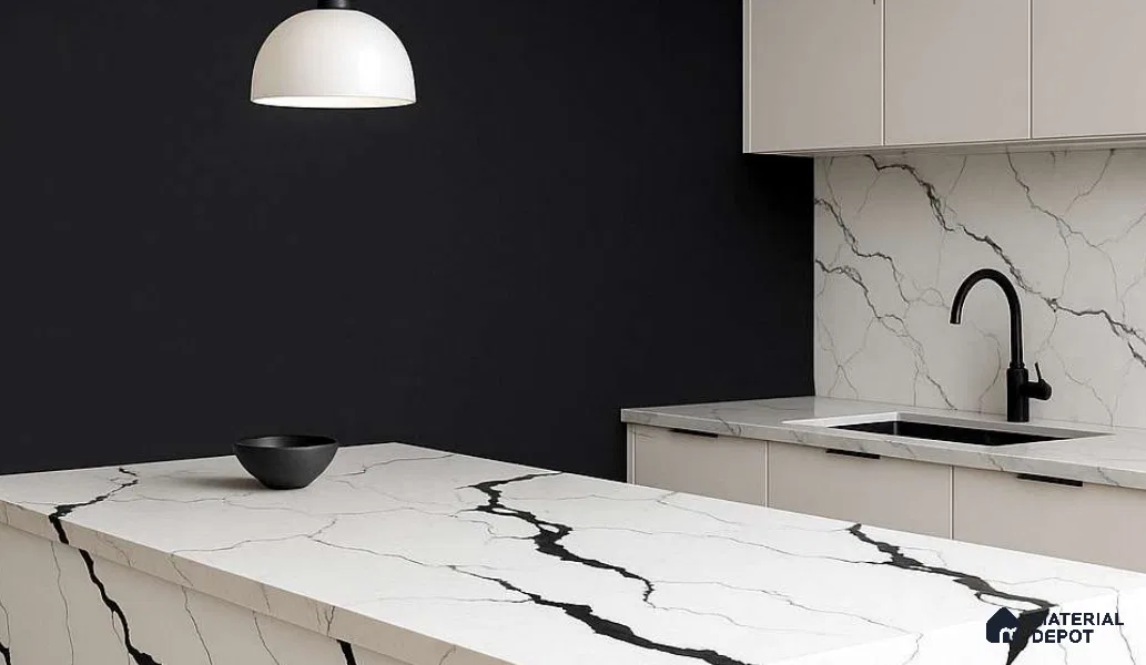 Belina Quartz QR 00348 B Noir Cascade Jumbo Helsinki Series 10.83 ft x 5.41 ft Quartz - 20 mm | 10 Years and Replacement Warranty | Suitable for Kitchen, Restaurant, Counter Tops, Dining, Reception, office